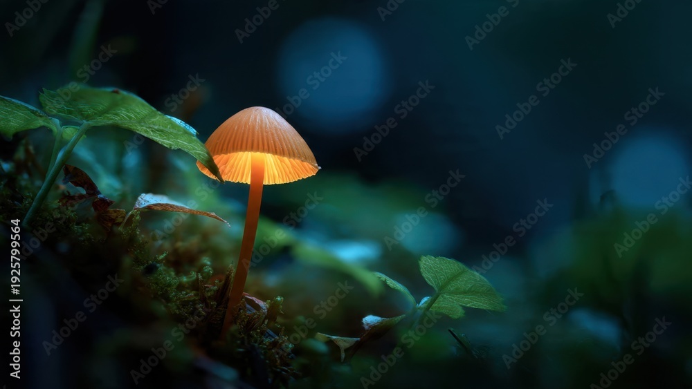 Fototapeta premium Glowing mushroom in dark forest at night