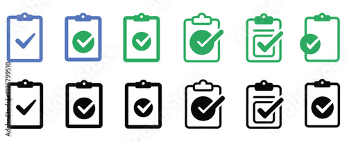 Checklist clipboard icon set, variety of vector icons with green and black checkmarks, representing completed tasks, confirmations, and task management in multiple styles for apps, websites, and UI de