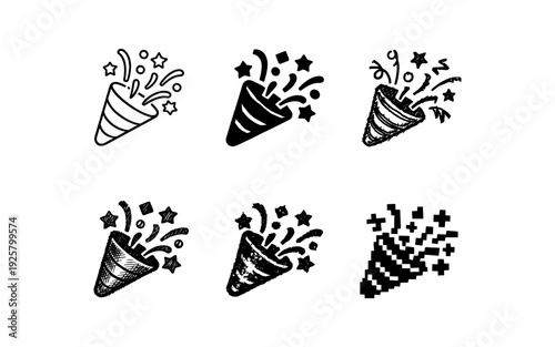 Set of six different styles of party poppers exploding with confetti and stars