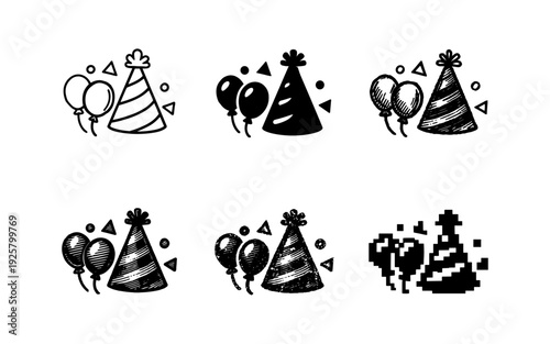 Collection of party hats and balloons in various artistic styles for celebrations