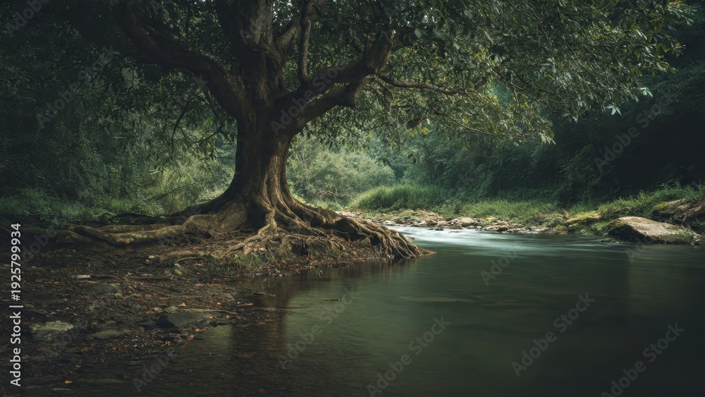 Fototapeta premium Lush tree by riverbank