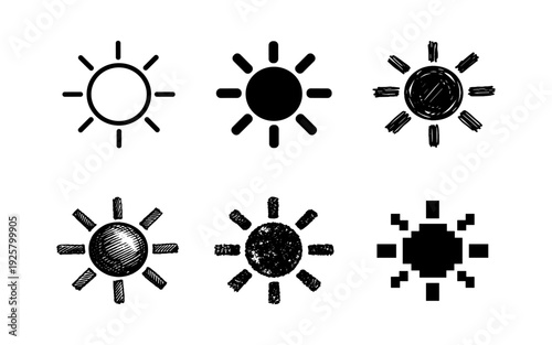 Collection of six different sun icons in various artistic styles and textures