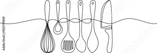 Kitchen tools in continuous one line art style. one line art icon drawing vector