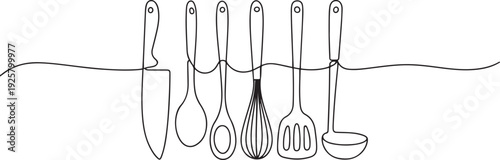 Kitchen tools in continuous one line art style. one line art icon drawing vector