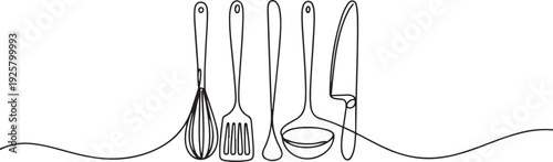 Kitchen tools in continuous one line art style. one line art icon drawing vector