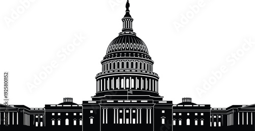 Black and white United States Capitol Building silhouette illustration isolated on white background, iconic Washington DC federal landmark for American government and political design