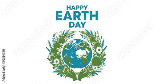 Earth Day vector illustration with globe and floral wreath