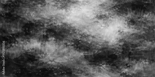 An abstract dark grunge background features a stormy black and white sky filled with heavy smoke, textured clouds, and a haunting fog over moonlit night water