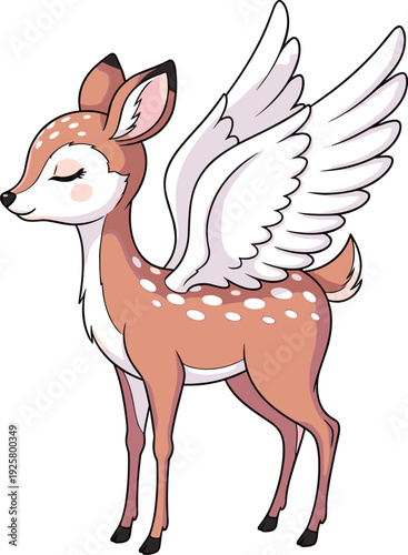Cute cartoon fantasy winged deer fawn illustration featuring white wings and spotted fur isolated on white background for magical mythical creature graphic design