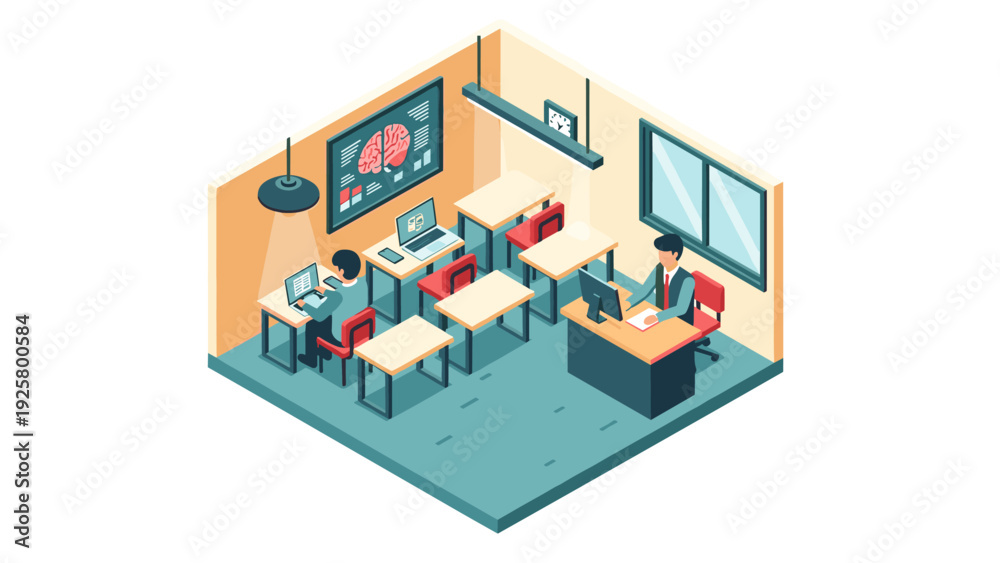 Obraz premium Modern classroom isometric design with students and teacher in technology-enabled learning environment