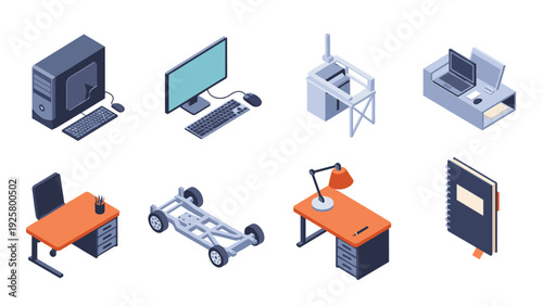 Isometric office and technology icons set for modern workspaces