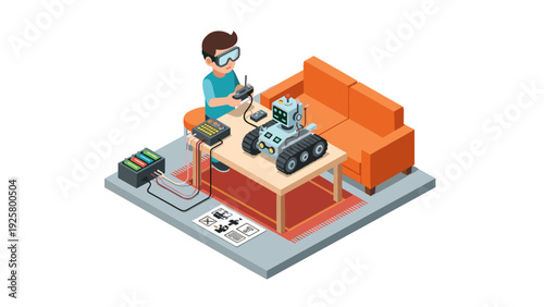 Isometric young inventor building robot with remote control in living room