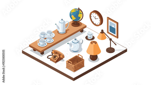 Vintage isometric room with retro furniture and accessories