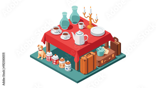 Isometric vintage table setting with teapot, suitcases, and unique decor elements