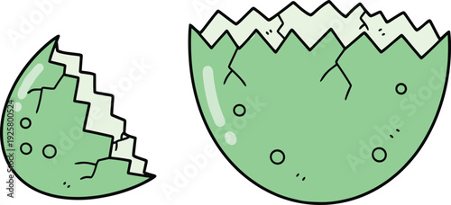 Green cracked eggshell cartoon vector illustration isolated on white background, broken dinosaur or bird egg elements for Easter, hatching, and new birth graphic design