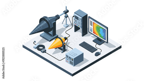 Isometric acoustic testing laboratory with computer and measurement equipment