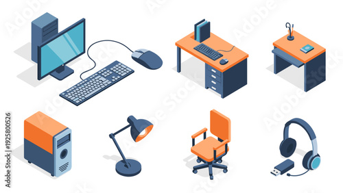 Isometric office equipment set featuring computer, desk, and accessories in modern design