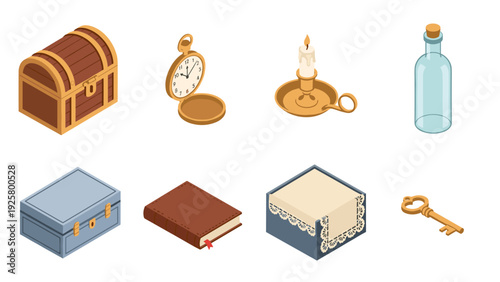 Isometric antique treasures collection: chest, pocket watch, candle, bottle, and more