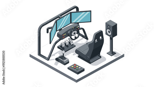 Ultimate gaming setup for simulation racing enthusiasts in isometric design