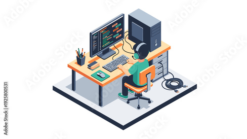 Isometric home office setup with programmer coding on monitor
