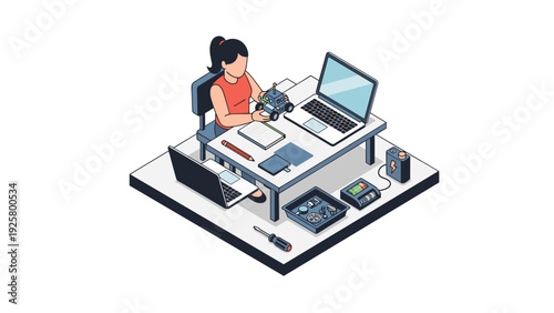 Isometric tech workshop with robotics and laptops in home office setting