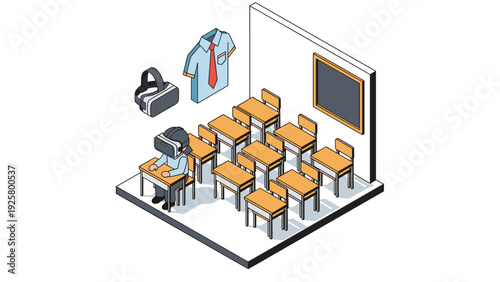 Isometric classroom with virtual reality headset and uniform on display