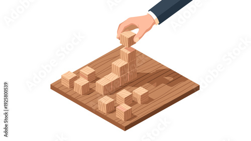 Hand stacking wooden blocks on board for strategic planning and growth