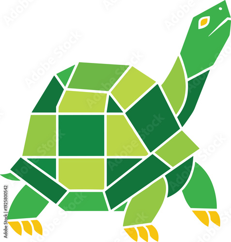 Green geometric turtle vector illustration with mosaic shell pattern isolated on white background, stylized land tortoise icon for wildlife conservation and nature graphic design