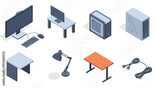 Isometric office electronics and furniture set: monitors, desks, and accessories