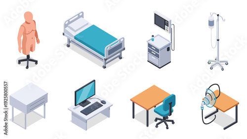 Isometric medical equipment and furniture set for hospital and clinic environments