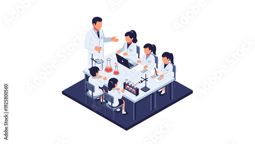 Collaborative science classroom: isometric design featuring students and teacher engaged in laboratory experiments