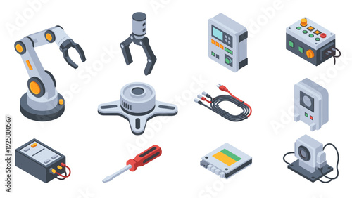 Isometric industrial automation icons set featuring robotic arms and electronic components