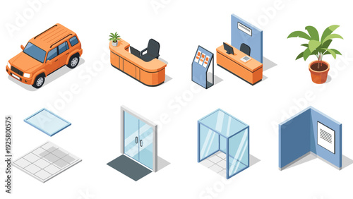 Modern office and vehicle isometric icons with furniture, plants, and architecture elements