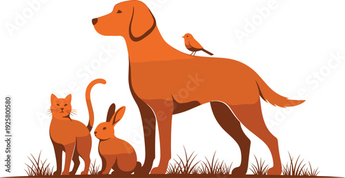 Group of domestic animals including a large dog small cat rabbit and bird standing together in grass isolated on white background for veterinary design