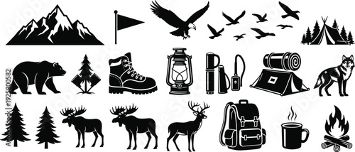 Large set of black camping silhouettes and wilderness icons including mountains tents bears moose eagles hiking boots and campfire isolated on white for outdoor adventure