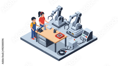 Isometric robotics workshop with engineers and industrial robots on desk