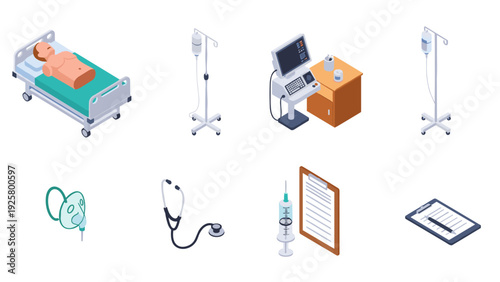 Isometric hospital equipment set: bed, iv stand, monitor, stethoscope, syringe