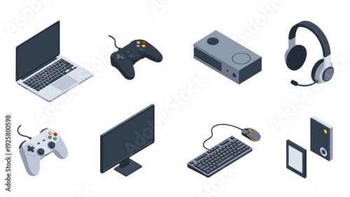 Isometric electronics set featuring laptop, gaming controllers, and accessories