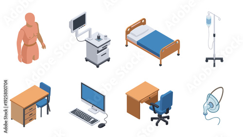 Isometric medical and office equipment set for healthcare and workspace