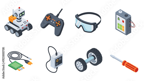 Robotics and gaming components in isometric style featuring robot, controller, vr glasses, and tools