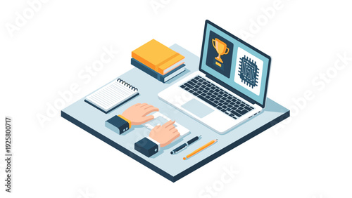 Isometric workspace with laptop, books, and writing tools for creative professionals