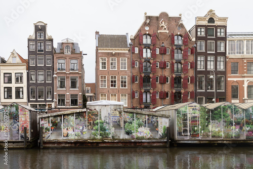 Iconic traditional Dutch canal houses with distinctive gables and red shutters situated behind the famous floating flower market -Bloemenmarkt, on the Singel canal in Amsterdam in the Netherlands.
