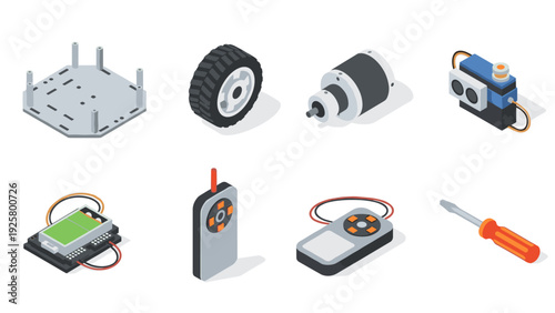Isometric electronics components and tools set for robotics projects