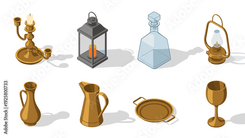 Isometric antique candle holders and vases set on white background