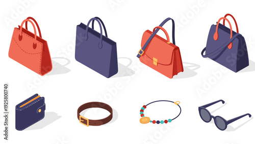 Trendy isometric women’s accessories collection with handbags and fashion items