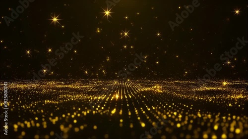 ackground with shining golden floor particle stars dust. Futuristic