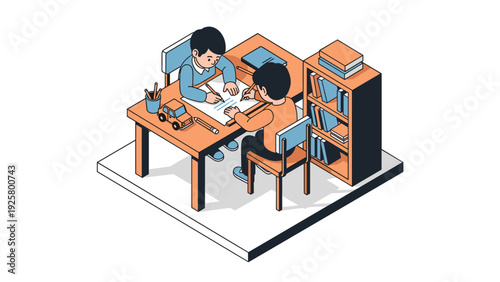 Isometric children studying together in a cozy home environment