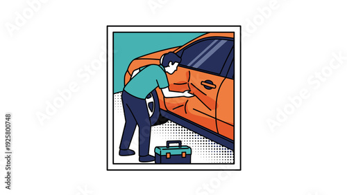 Person fixing car dent in pop art style with toolbox on ground