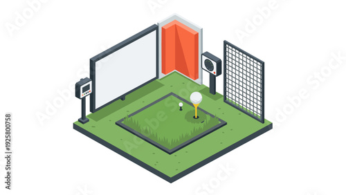 Isometric golf simulator room with grass, screen, and equipment