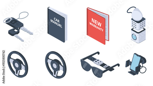 Car accessories isometric set: manuals, steering wheels, gadgets